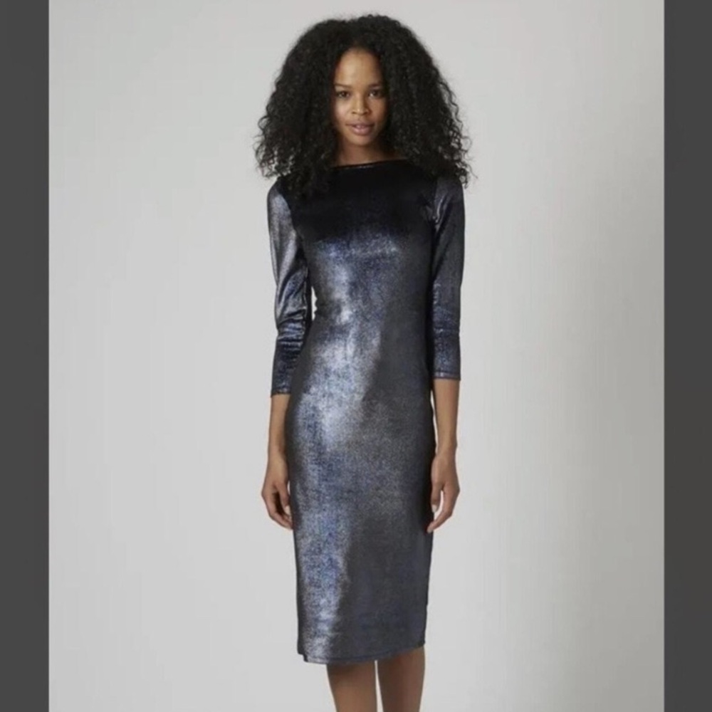 NWT Topshop Shimmering Silver Black Blue Effect Midi Dress